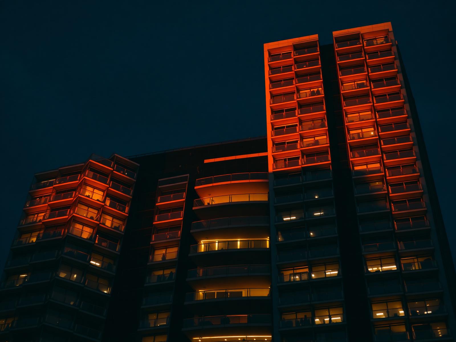 Edifício residencial moderno ao entardecer, representando aquisição de patrimônio