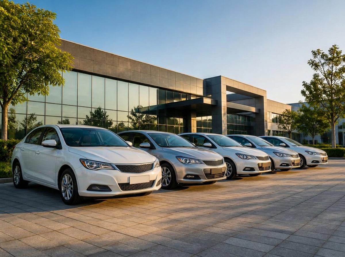 Frota de carros claros alinhados em frente a uma empresa