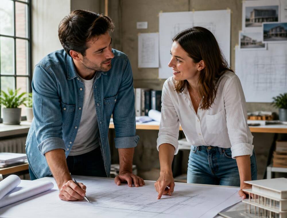 Duas pessoas conversando enquanto analisam a planta de um empreendimento