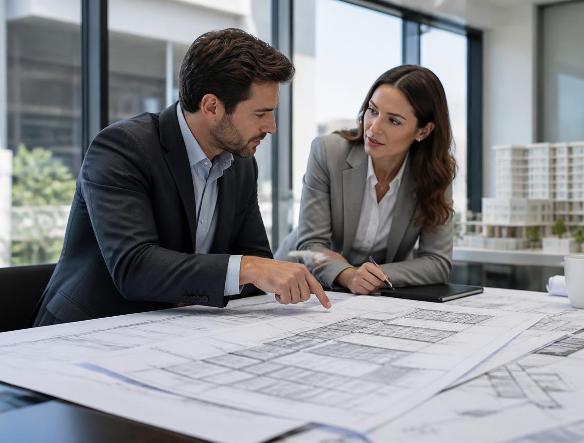 Duas pessoas conversando enquanto analisam a planta de um empreendimento